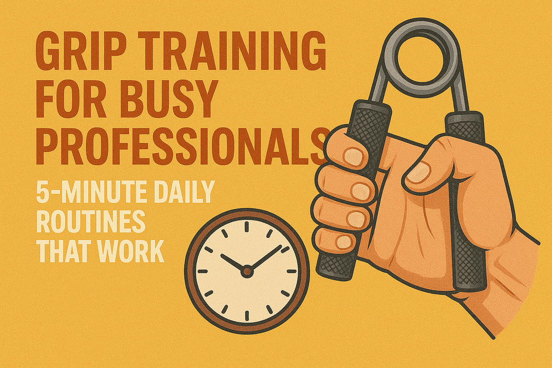 Illustration of a hand holding an adjustable hand gripper with a clock, promoting grip training for busy professionals.